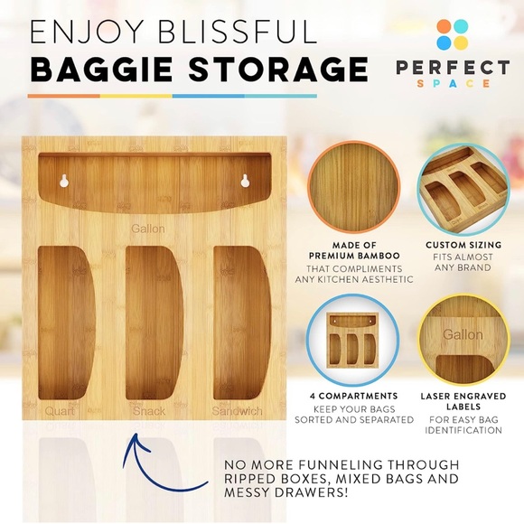 Bamboo Ziplock Bag Storage Organizer w/ 4 Compartments - Baggie Organizer Drawer - Picture 4 of 7